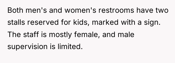 Both men's and women's restrooms have two stalls reserved for...