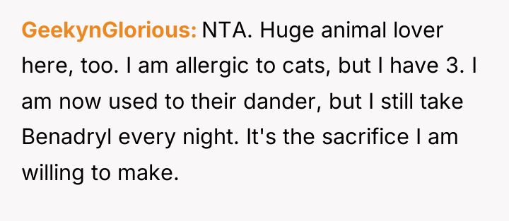 GeekynGlorious NTA. Huge animal lover here, too. I am allergic...