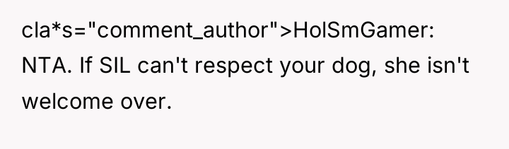 cla*s="comment_author">HolSmGamer: NTA. If SIL can't respect your dog, she isn't...