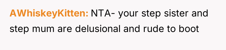 AWhiskeyKitten NTA- your step sister and step mum are delusional...
