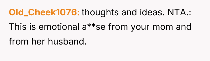 Old_Cheek1076 thoughts and ideas. NTA.: This is emotional a**se from...