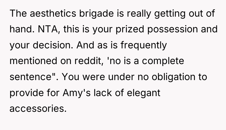 The aesthetics brigade is really getting out of hand. NTA,...