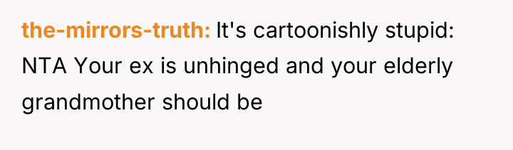 the-mirrors-truth It's cartoonishly stupid: NTA Your ex is unhinged and...