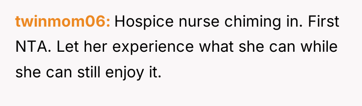 twinmom06 Hospice nurse chiming in. First NTA. Let her experience...