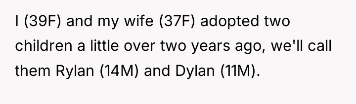 I (39F) and my wife (37F) adopted two children a...