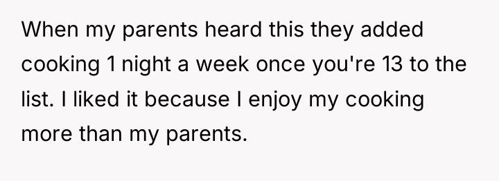 When my parents heard this they added cooking 1 night...