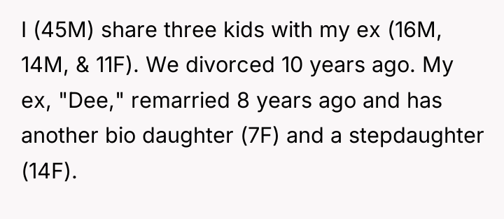 I (45M) share three kids with my ex (16M, 14M,...