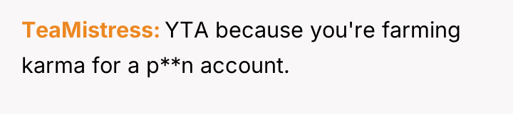 TeaMistress YTA because you're farming karma for a p**n account.