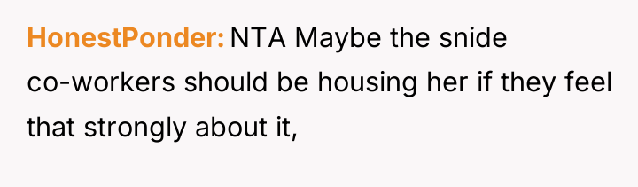 HonestPonder NTA Maybe the snide co-workers should be housing her...
