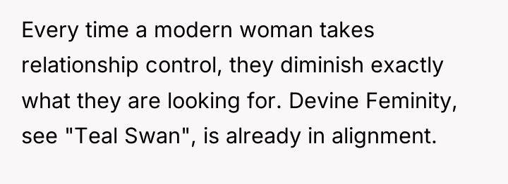 Every time a modern woman takes relationship control, they diminish...