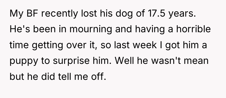 My BF recently lost his dog of 17.5 years. He's...