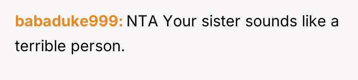 babaduke999 NTA Your sister sounds like a terrible person.