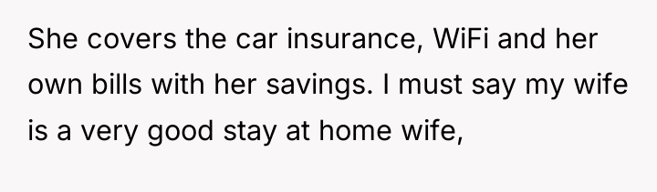 She covers the car insurance, WiFi and her own bills...