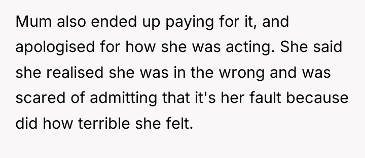 Mum also ended up paying for it, and apologised for...