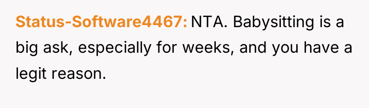 Status-Software4467 NTA. Babysitting is a big ask, especially for weeks,...