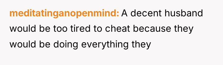 meditatinganopenmind A decent husband would be too tired to cheat...