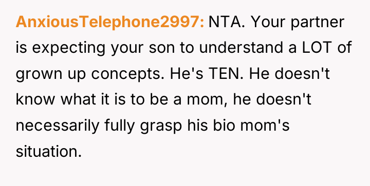AnxiousTelephone2997 NTA. Your partner is expecting your son to understand...