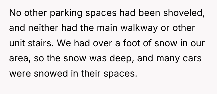 No other parking spaces had been shoveled, and neither had...