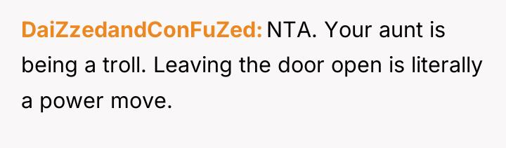 DaiZzedandConFuZed NTA. Your aunt is being a troll. Leaving the...