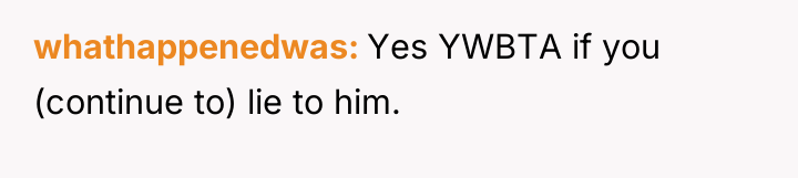 whathappenedwas Yes YWBTA if you (continue to) lie to him.