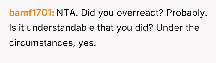 bamf1701 NTA. Did you overreact? Probably. Is it understandable that...