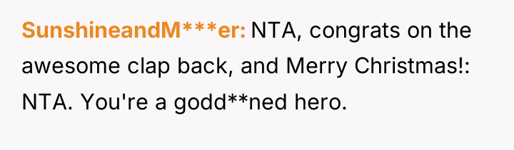 SunshineandM***er NTA, congrats on the awesome clap back, and Merry...