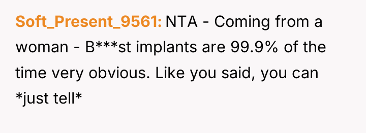 Soft_Present_9561 NTA - Coming from a woman - B***st implants...