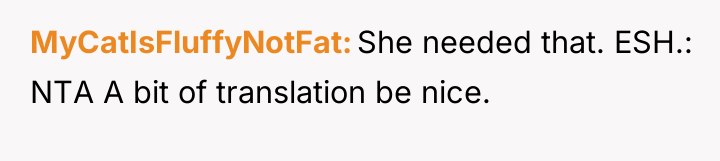 MyCatIsFluffyNotFat She needed that. ESH.: NTA A bit of translation...