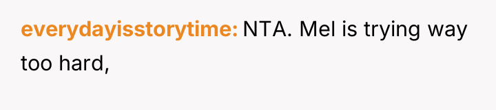 everydayisstorytime NTA. Mel is trying way too hard,