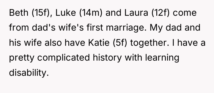 Beth (15f), Luke (14m) and Laura (12f) come from dad's...