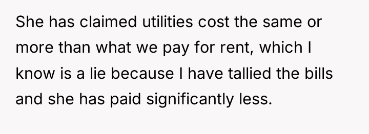 She has claimed utilities cost the same or more than...