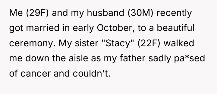 Me (29F) and my husband (30M) recently got married in...