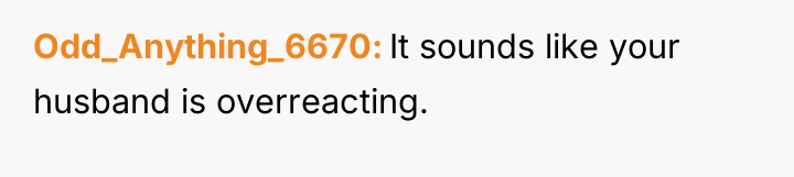 Odd_Anything_6670 It sounds like your husband is overreacting.