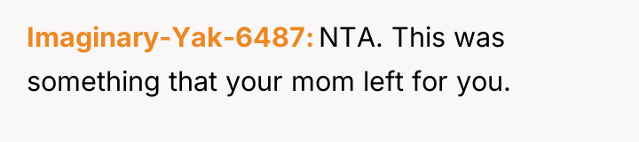 Imaginary-Yak-6487 NTA. This was something that your mom left for...