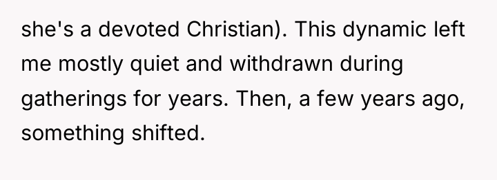she's a devoted Christian). This dynamic left me mostly quiet...