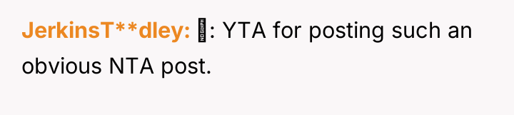 JerkinsT**dley : YTA for posting such an obvious NTA post.