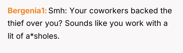 Bergenia1 Smh: Your coworkers backed the thief over you? Sounds...