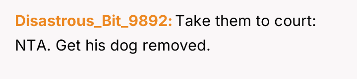 Disastrous_Bit_9892 Take them to court: NTA. Get his dog removed.