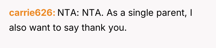 carrie626 NTA: NTA. As a single parent, I also want...