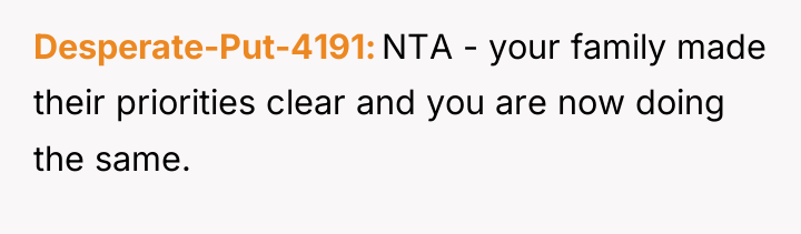 Desperate-Put-4191 NTA - your family made their priorities clear and...