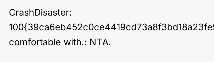 CrashDisaster 100{39ca6eb452c0ce4419cd73a8f3bd18a23fe95ab4febb092bc2ab1b542eeea82f} comfortable with.: NTA.