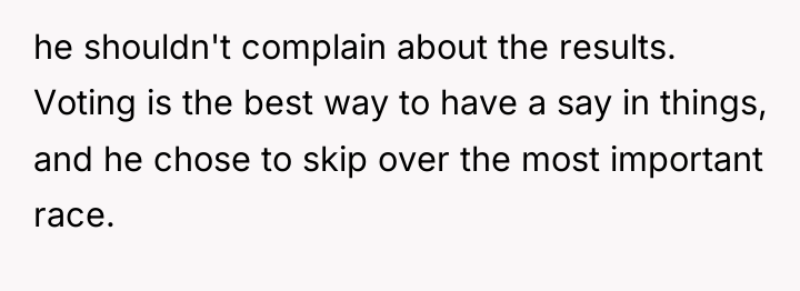 he shouldn't complain about the results. Voting is the best...