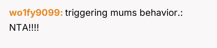 wo1fy9099 triggering mums behavior.: NTA!!!!