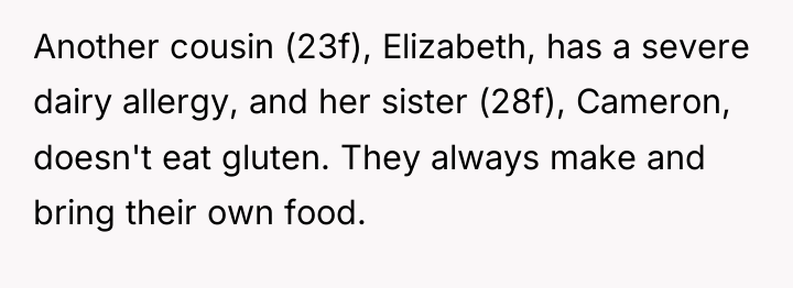 Another cousin (23f), Elizabeth, has a severe dairy allergy, and...