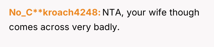 No_C**kroach4248 NTA, your wife though comes across very badly.