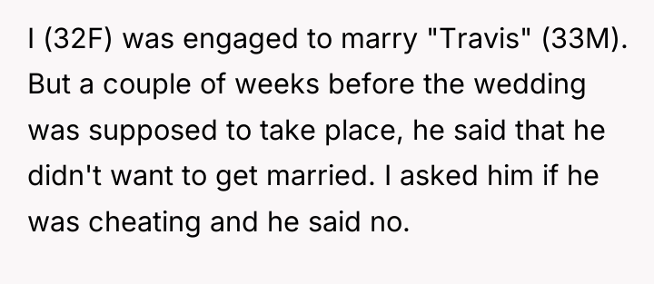 I (32F) was engaged to marry "Travis" (33M). But a...