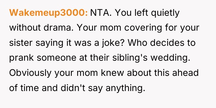 Wakemeup3000 NTA. You left quietly without drama. Your mom covering...