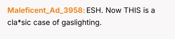 Maleficent_Ad_3958 ESH. Now THIS is a cla*sic case of gaslighting.