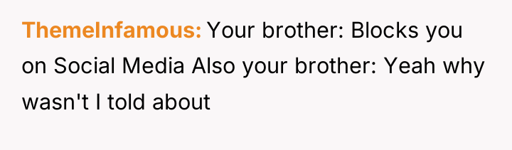 ThemeInfamous Your brother: Blocks you on Social Media Also your...