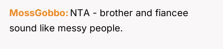 MossGobbo NTA - brother and fiancee sound like messy people.